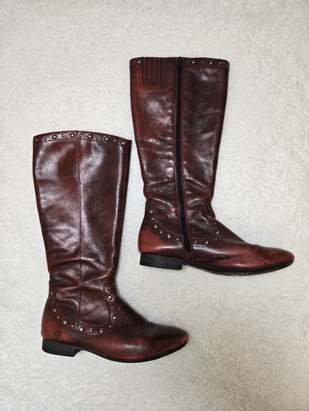Born Lizzie Tall Leather Boots 7.5 Reddish Brown Studded Riding Boot
